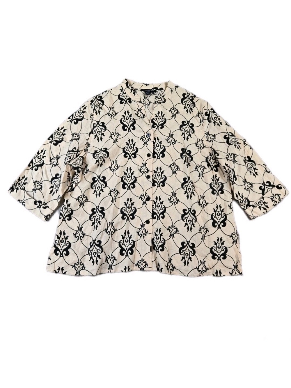 Saint Tropez Linen Top Plus 3X Cream Black Geometric 3/4 Sleeve Button Up Collar